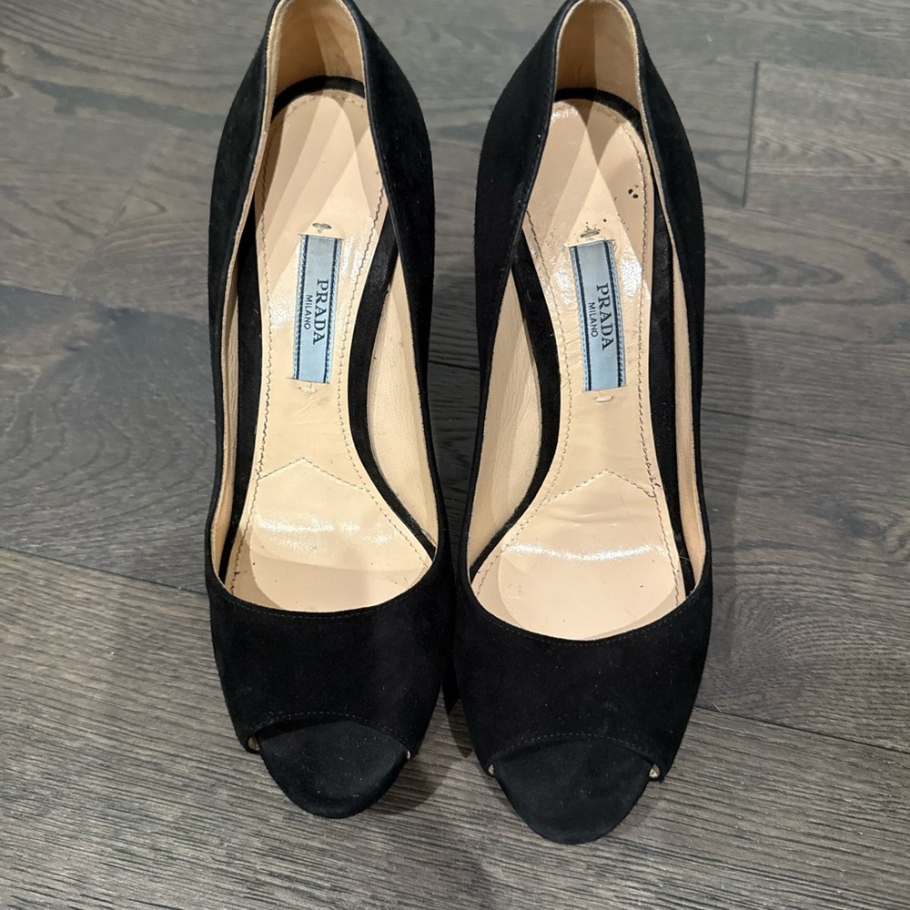 Prada Black Suede Peep-Toe Heels